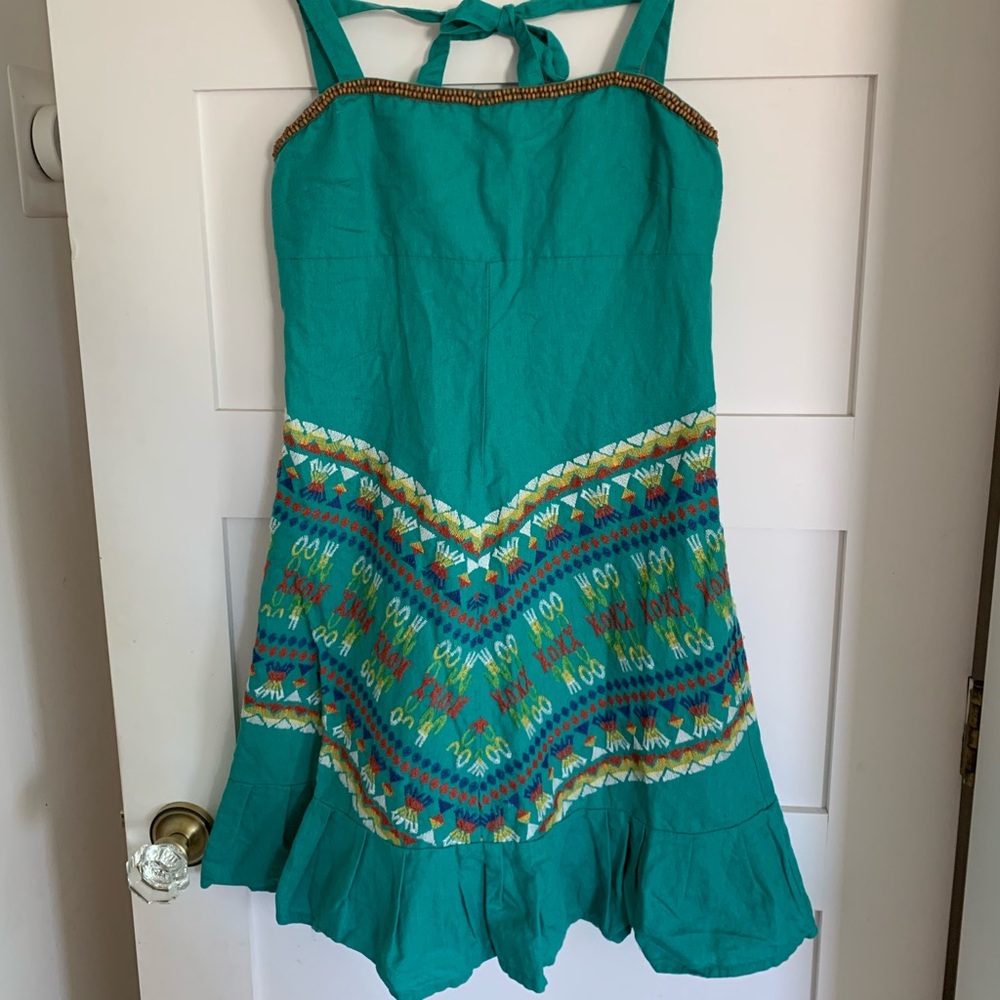 Free People Turquoise Linen Embroidered Dress Size 2